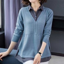 Plaid Shirt Collar Fake Two Pieces Knitted Pullovers For Women Patchwork Knitwear Tops Casual Loose Spring Sweater Femme 211011