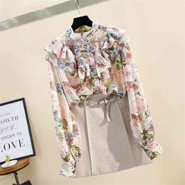 Spring Autumn Women's Chiffon Shirt Lantern Sleeve Ruffled Long Floral Female Top GD438 210506