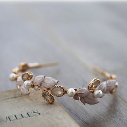 Vintage Freshwater Pearls Gold Leaf Opal Wedding Hair Band Headband Tiara Bridal Headpiece Accessories Women Jewellery 210707