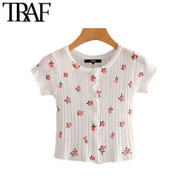 TRAF Women Sweet Fashion Floral Print Cropped Knitted Blouses Vintage Short Sleeve Stretch Slim Female Shirts Chic Tops 210415