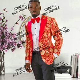 Fashion Peaked Lapel Red And Gold Floral Men Suits Wedding Slim Fit Groom Tuxedo Terno Masculino Prom Blazer Pant Costume Homme