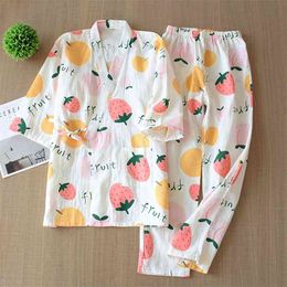 seven-sleeve Japanese-style kimono pajamas set female spring and autumn 100% cotton gauze home clothes cute sweet two-p 210830