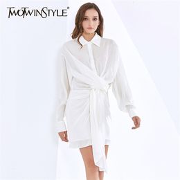 Elegant Dress For Women Lapel Long Sleeve High Waist Lace Up Ruched Mini Dresses Female Fashion Clothing 210520