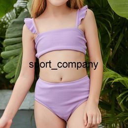 Purple Toddler Pieces Girls Summer Swimwear Soild Baby Kids Swimwear Biquini Infantil Swimsuits Bikini Set For 6-14 Years 2021