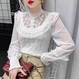 Blusas Mujer De Moda Autumn Fashion Lace Chiffon Hollow Out Long Sleeve White Black Apricot Women Blouse Top 828G 210420