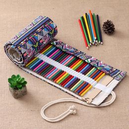 2021 Hot 36/48/72 Holes National Style Canvas Wrap Roll up Pencil Case Pen Bag Holder Storage School Office Pencil Bags