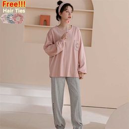 ATUENDO Autumn Fashion Solid Pink Pyjama Sets for Women 100% Cotton PJS Atoff Home Sleepwear Casual Satin Soft Satin Loungwear 211112