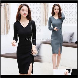 Womens Clothing Apparel Drop Delivery Women 2021 Autumn Winter V-Neck Long Sleeve Sweater Dress Female Slim Bodycon Knitted Casual Dresses La