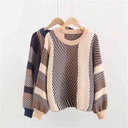 Women Sweater Winter Warm Knitted Loose Jumper Tops Fashion Colour Block Pullovers Lantern Sleeve Stripe Sweaters 210806