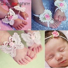 BalleenShiny 3PCS Flower Headband Baby Girls Barefoot Sandals Hair Foot Accessories Elastic Fashion Foot Decoration Kids Gift 211023