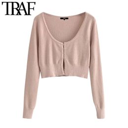 TRAF Women Fashion With Ribbed Trims Cropped Knitted Cardigan Sweater Vintage Long Sleeve Female Outerwear Chic Tops 210415