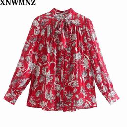 women Vintage Printed blouse with bow Blouse high collar tied detail V-neckline long puff sleeves front button female 210520