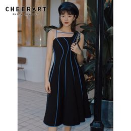 One Shoulder A Line Tunic Dress Women Black Blue Striped Long Midi Designer Summer Fashion Clothing 210427