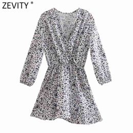 Women Vintage Cross V Neck Pleat Leopard Print Mini Dress Female Chic Summer Elastic Waist Casual Slim Vestido DS8165 210420