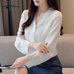 long-sleeved solid white women tops and blouses V collar shirt lace chiffon female clothing blouse 1320 40 210521