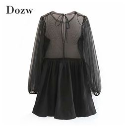 Women Black Mesh Patchwork Dress Transparent Lantern Long Sleeve Chic Mini Lady O Neck Bow Stylish Holiday Female 210515