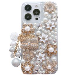 -iPhone Case 13 12 11 Pro Max Mini XS XR X 8 7 6S PLUS Женщины Sparkly Rhinestone Diamond Flower Clear Cover