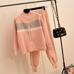 High Quality Korean Casual Knitted Tracksuit Women Two Piece Set Sweater Cardigan Coat + Lace Up Waist Pants 2 Suits 210514