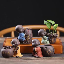 Planters & Pots Ceramic Tea Pet Ornaments Small Buddha Statue Monk Figurine Desktop Flower Pot Hydroponic Plant Decoration Accessories