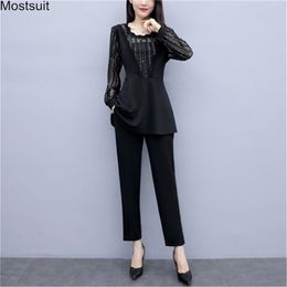 Spring Elegant Outfits Women Two Piece Sets Plus Size Long Sleeve Tunic Mesh Patchwork Tops And Pants Set Suit OL korean 210513