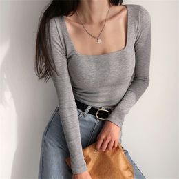 Women Cotton Ribbed Square Neck Crop Top With Long Sleeve X0628