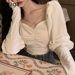 Ezgaga Elegant Blouse Women French Style Chic Spring New Long Puff Sleeve Square Collar Lace Up Sexy Shirts Fashion Blusas 210430