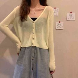 Thin Cardigan Women Summer Long Sleeve Crop Top Knitted Sweater White V-neck Sunscreen Cardigan Loose Tops 210806