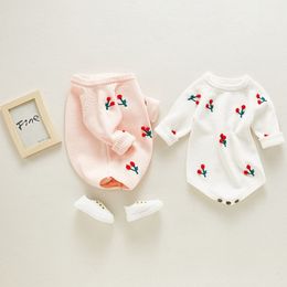 Baby Girl Floral Outfit Clothes Ins Spring Style Cherry Rompers born Pink Sweet Long Sleeve Knitted Wool Jumpsuits 210429