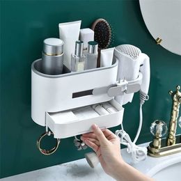 Wall Mount Hair Dryer Holder Rack Bathroom Storage Makeup Organiser Plastic Hairdryer Shelf Accessories 211112