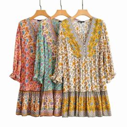 Casual Woman Loose V Neck Print Cotton Dress Summer Fashion Ladies Bohemian Mini es Female Elegant Holiday 210515