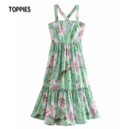 Toppies Vacation Beach Sundress Woman Camis Dress Cascading Ruffles Long Dress Flowers Printing 210412