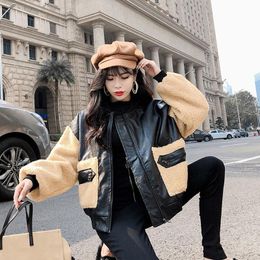 Women's Fur & Faux 2021 Autumn Winter Leather Jacket Women Soft Lamb Splice Long Sleeve PU Coat Ladies Plus Size Motorcycle