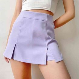 Women Mini Bodycon purple Skirt Summer Fashion With Front Split 210529