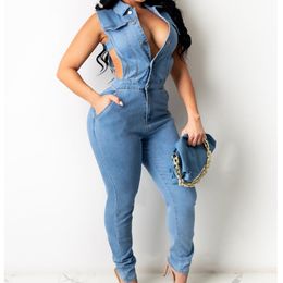 Plus Size Pants Elegance Cotton Jeans Woman Ladies Overalls 2021 Arrival Sexy Slim Sleeveless Jumpsuit Denim Playsuits Women