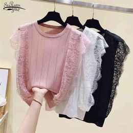 Spring Summer Sleeveless O-Neck Lace Knitted Patchwork Tops Korean Women Mesh Shirt Chic Solid Hollow Out Clothes Blusas 13635 210521