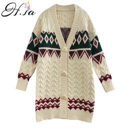 H.SA Winter Sweater Cardigans V neck Button Up Casual Long Coat Warm Thick Argyle Vintage Knitting Jacket 210417