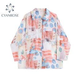Summer Women Blouse Tops Fashion Printing Long Sleeve Turn-down Collar Shirt Harajuku Oversize Vintage Casual Female 210515