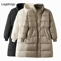 Lagabogy Winter Stand Collar Long Women White Duck Down Jacket Female Loose Windproof Khaki Parka Thick Warm Snow Coat 211108