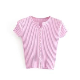 Women Pink Knit Blouses Short Sleeve Sexy Button Up Blusa and Tops Solid Shirts Streetwear Slim 210430