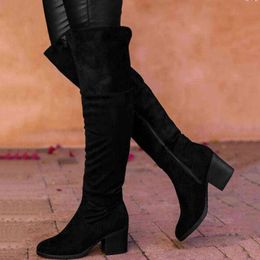 Women Boots Winter Over The Knee Long Comfort Shoes Chunky High Heels Pure Color Retro Thigh H1115