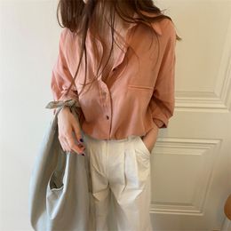 Orange Gentle Sunscreen Thin Korean Casual Loose Women Solid Chic Shirts Office Lady Retro Brief Stylish Blouses 210421