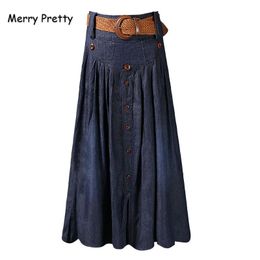 Merry Pretty Women Dark Blue Denim Skirt Sashes Pleated 2021 Autumn Hight Waist Long Jeans Solid Midcalf Skirts