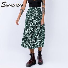 Spring Summer Women Black Green White Leopard Print High Zipper Waist Sun School Midi Long Slit Skirt Female 210421