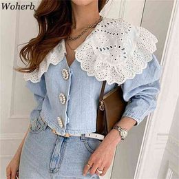 Elegant Tops Women Denim Shirt Lace Doll Collar Korean Style Fashion Blouse Cropped Vintage Blouses Blusas 210519