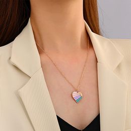 INS Harajuku Colorful Striped Enamel Love Heart Pendant Necklace for Women Gold-plated Clavicle Chain Necklace Aesthetic Jewelry