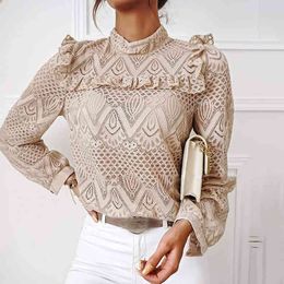 elegant white lace blouse women long sleeve autumn winter slim vintage blouse shirts see through lace tops female 210415