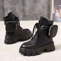 2020 New product Pocket Motorcycle Boots Women Platform Shoes Lace Up Thick-soled Black Military Shoes Woman Half Botas Mujer Y1209