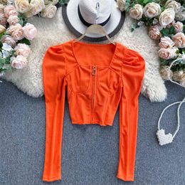 Chic Solid Colour Puff Sleeve Square Collar Crop Top Spring Autumn Zipper up Slim Fit Knitted Short Tees T-shirt 210603