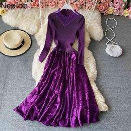 Neploe Maxi Dresses Women Temperament Slim Waist Ruffles Vestidos Stand Neck Big Swing Chic Velvet Elegant Robe Dress 4G996 210422