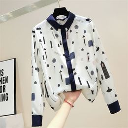 Spring Autumn Women's Blouses French Style Contrast Colour Printed Chiffon Shirt Long Sleeve Female Tops LL331 210506